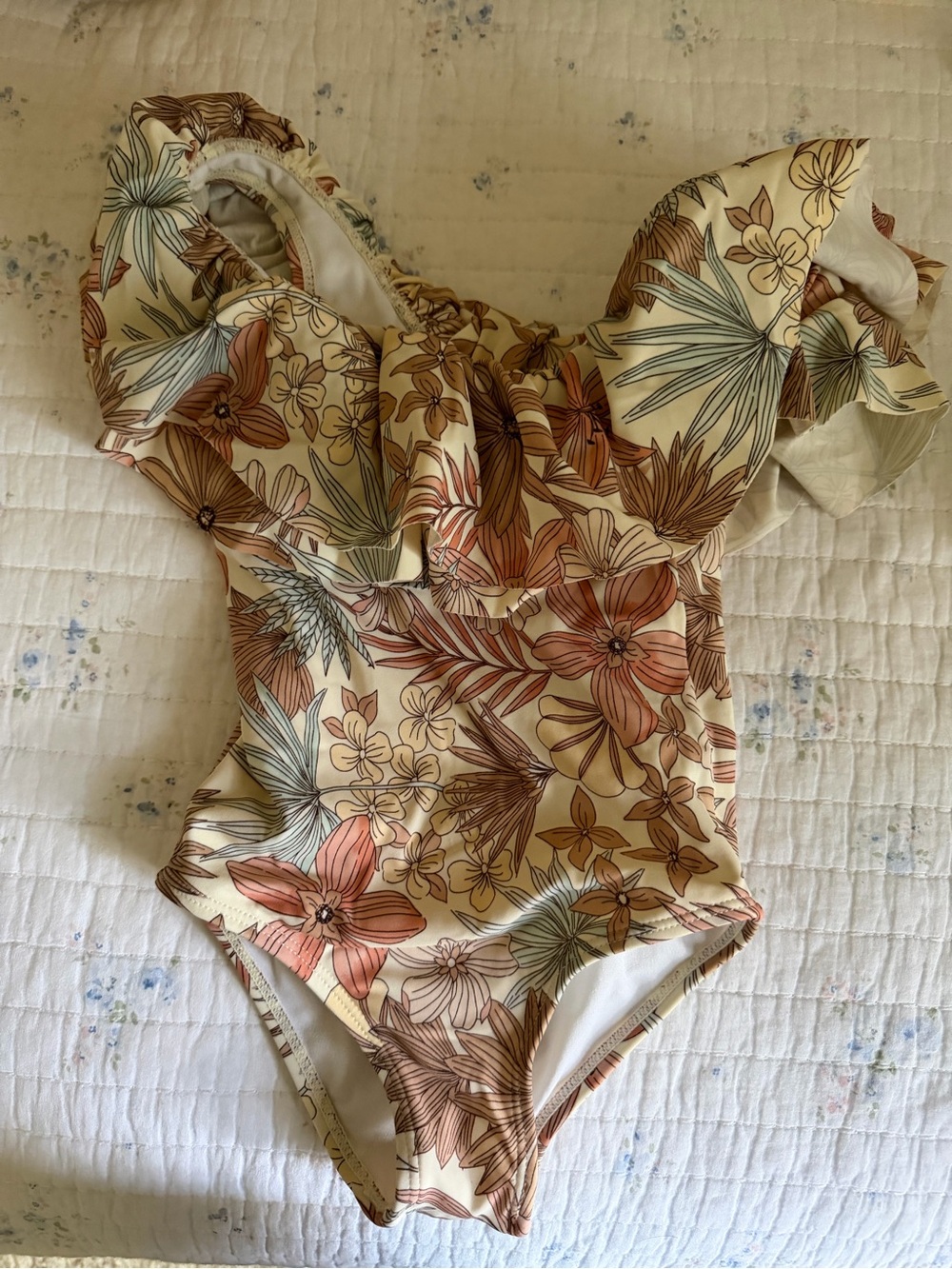 Janie and Jack Floral Ruffle One-Piece Swimsuit in Cream and Coral
